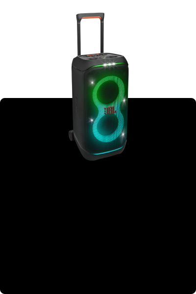 A group of friends partying and listening to strong bass music with a big black portable party speaker with wheels, handle, and futuristic lightshow.