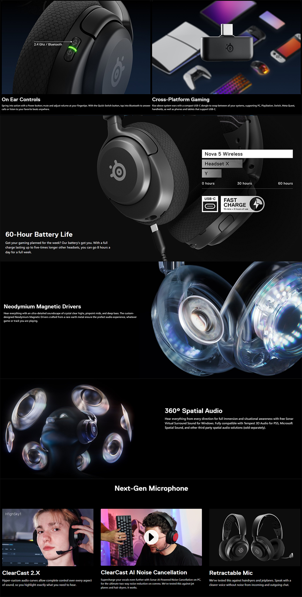 SteelSeries Arctis Nova 5 Wireless 360 Spatial Surround Sound Gaming Headset