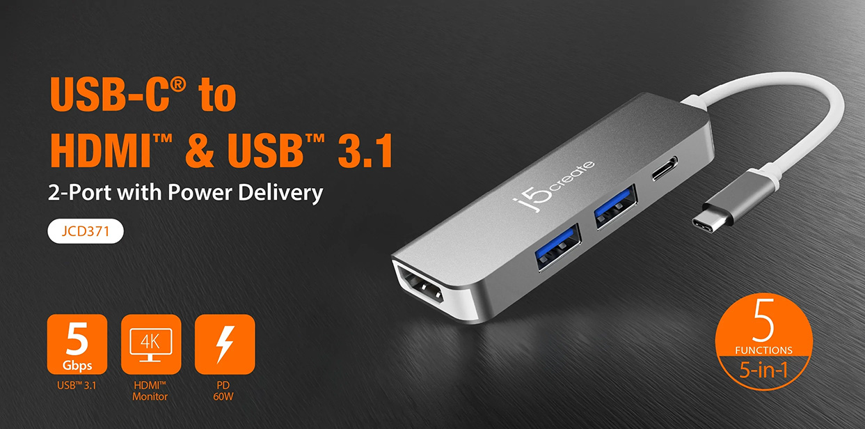 J5Create JCD371 USB-C to HDMI & USB 3.1 2-Port with Power Delivery (2 Years Warranty)