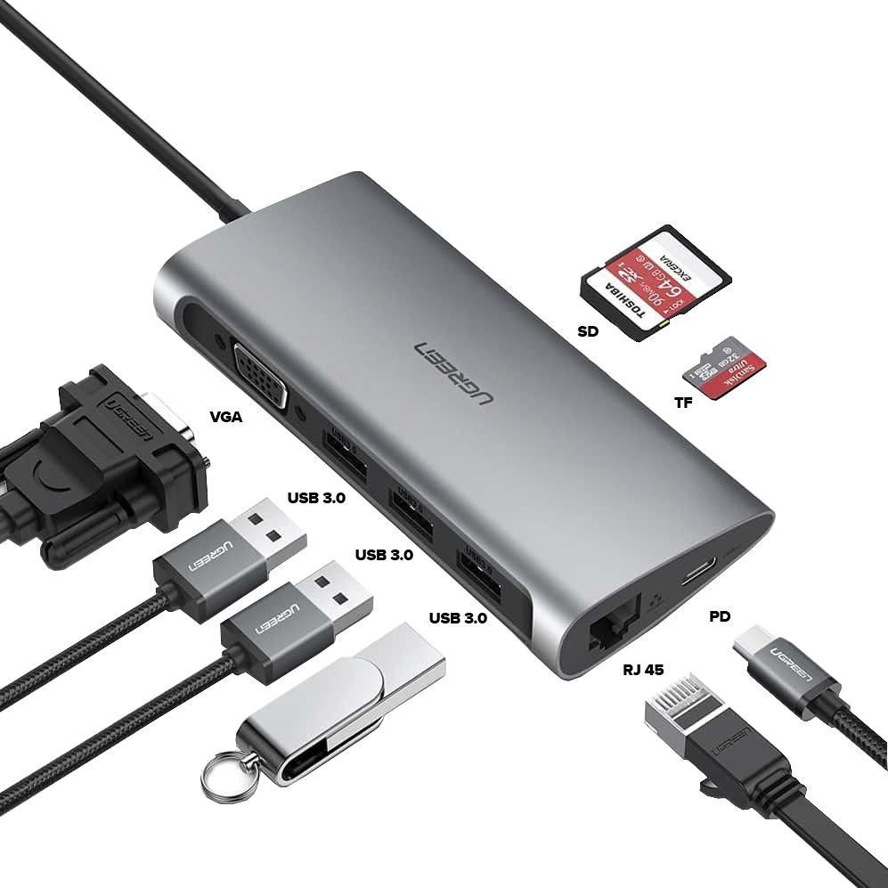Ugreen CM121 UG-50538 (8-in-1) Type C to HDMI with 3 Port USB 3.0/Giga RJ45/USB-C Female PD 100W/SD/TF