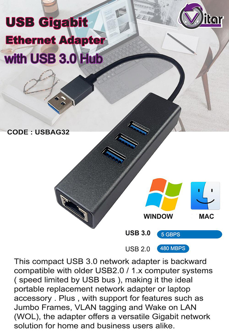 Vitar USBAG32 USB3.0 To Giga RJ45 + 3 Port USB3.0