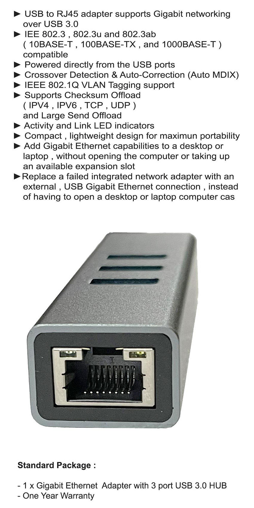 Vitar USBAG32 USB3.0 To Giga RJ45 + 3 Port USB3.0