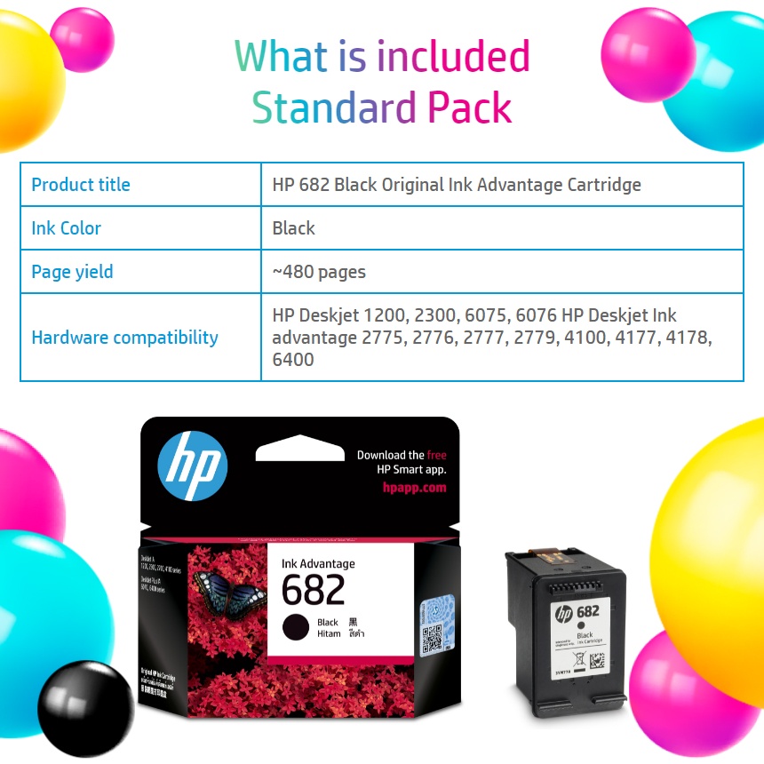 HP 682 Black Original Ink Advantage Cartridge ( Black 3YM77AA | Color 3YM76AA )
