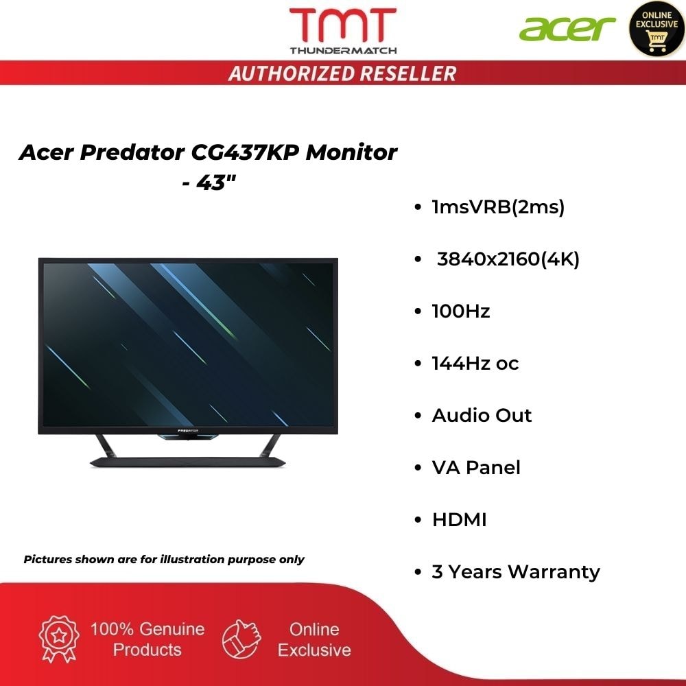 Acer Predator CG437KP Monitor - 43" | 1msVRB(2ms) | 100Hz | 144Hz oc | VA Panel | HDMI | Audio Out