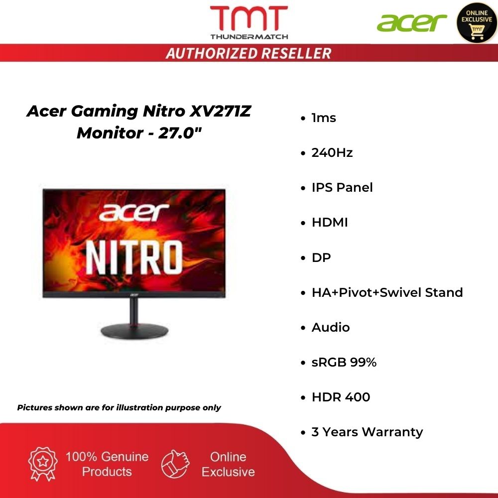 Acer Gaming Nitro XV271Z Monitor - 27.0" | 1ms | 240Hz | FHD| IPS Panel | HDMI | DP | Speaker | Audio | VESA