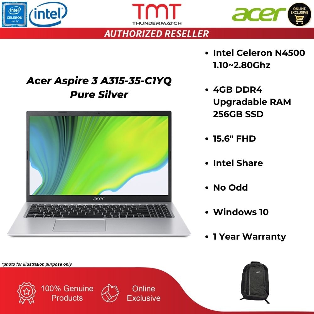 Acer Aspire 3 A315-35-C1YQ Pure Silver Laptop | Intel Celeron N4500 | 4GB RAM 256GB SSD | 15.6