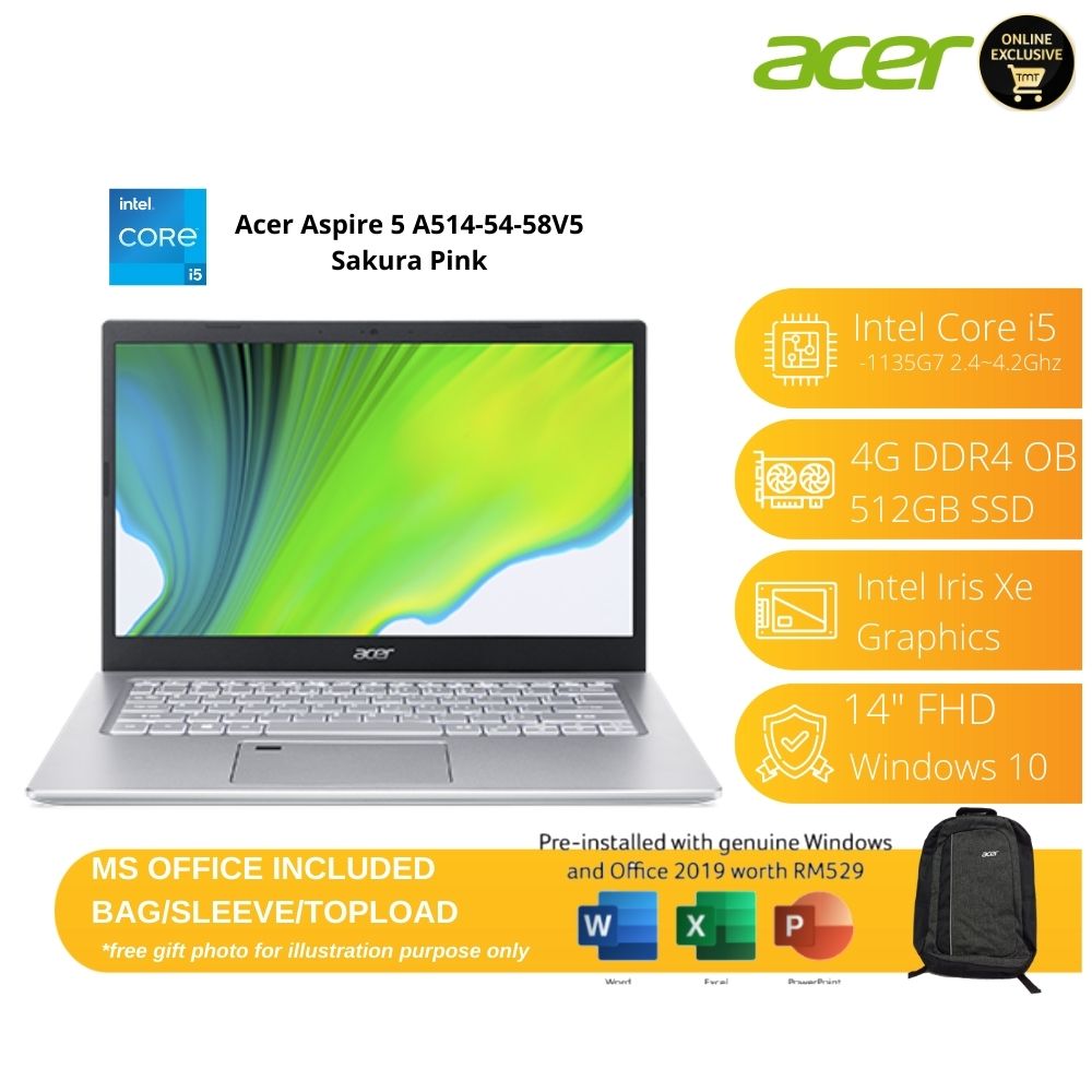Acer Aspire 5 A514-54-53W4 Sakura Pink Laptop | i5-1135G7 | 4GB-OB RAM 512GB SSD | 14