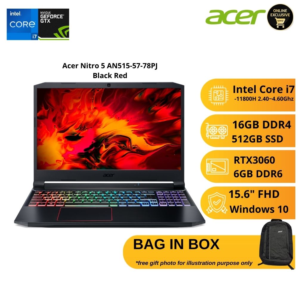 Acer Nitro 5 AN515-57-78PJ Black Red Gaming Laptop | GeForce RTX3060 | i7-11800H | 16GB RAM 512GB SSD | 15.6" FHD | W10 | BAG