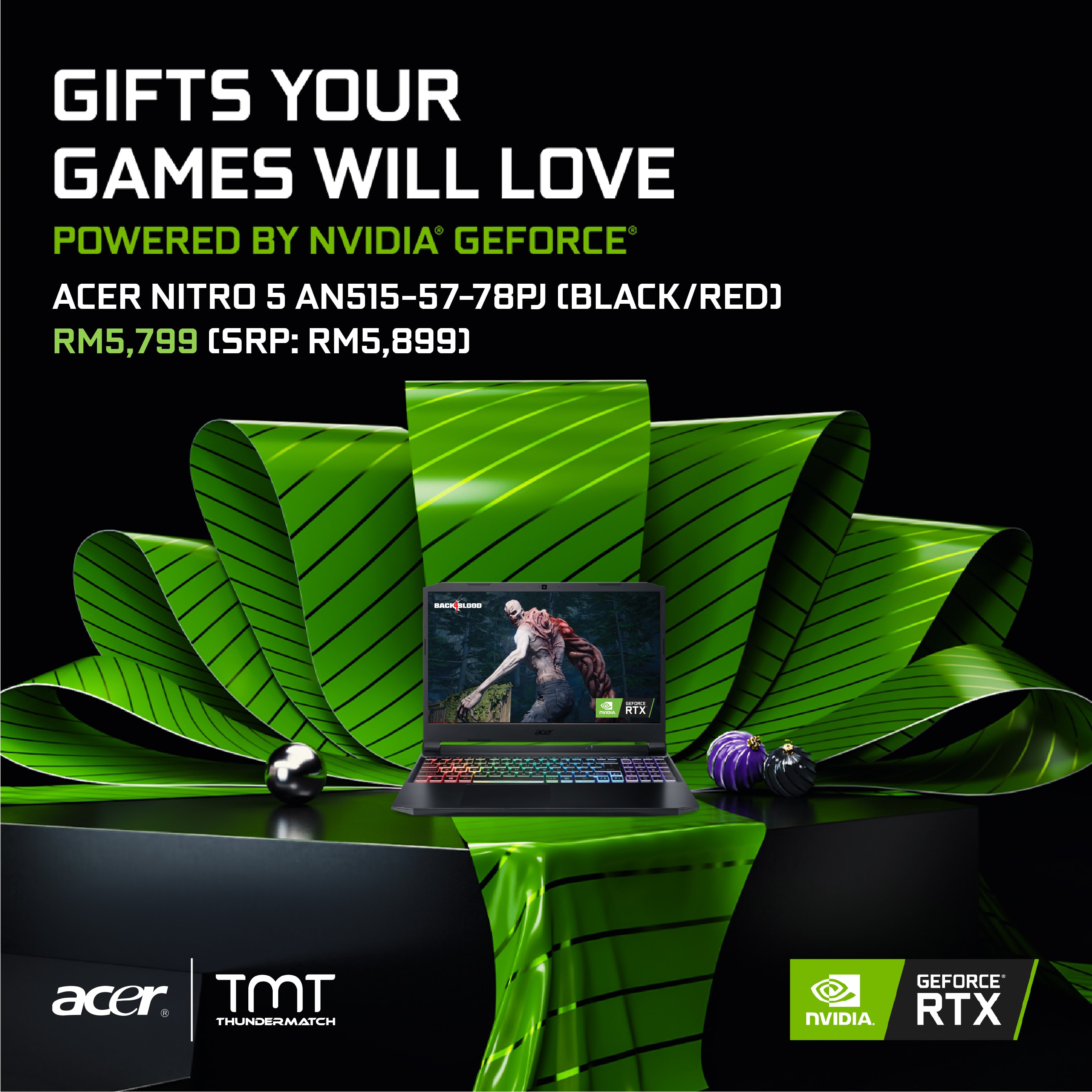 Acer Nitro 5 AN515-57-78PJ Black Red Gaming Laptop | GeForce RTX3060 | i7-11800H | 16GB RAM 512GB SSD | 15.6" FHD | W10 | BAG