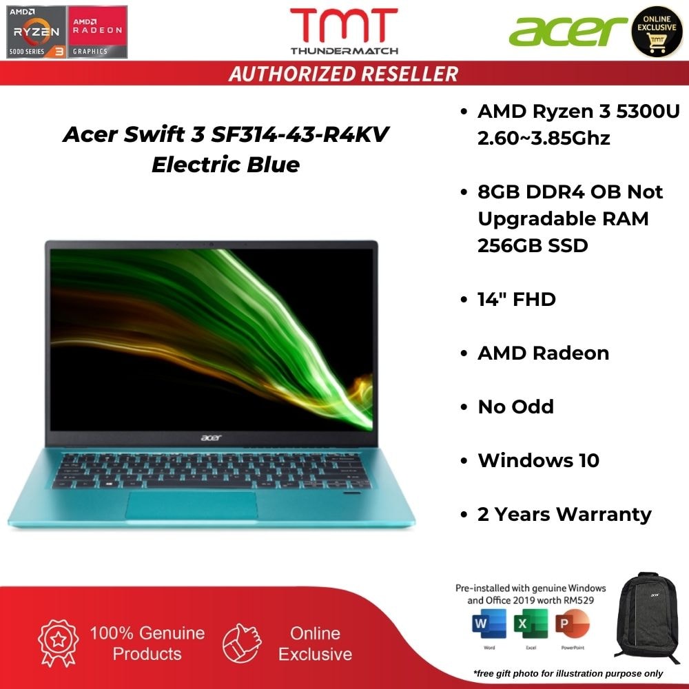 Acer Swift 3 SF314-43-R4KV Electric Blue Laptop | AMD Ryzen 3 5300U | 8GB RAM 256GB SSD | 14