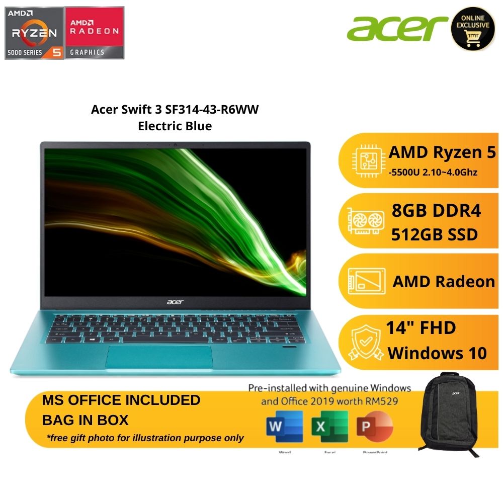Acer Swift 3 SF314-43-R6WW Electric Blue Laptop | AMD Ryzen 5 5500U | 8GB RAM 512GB SSD | 14