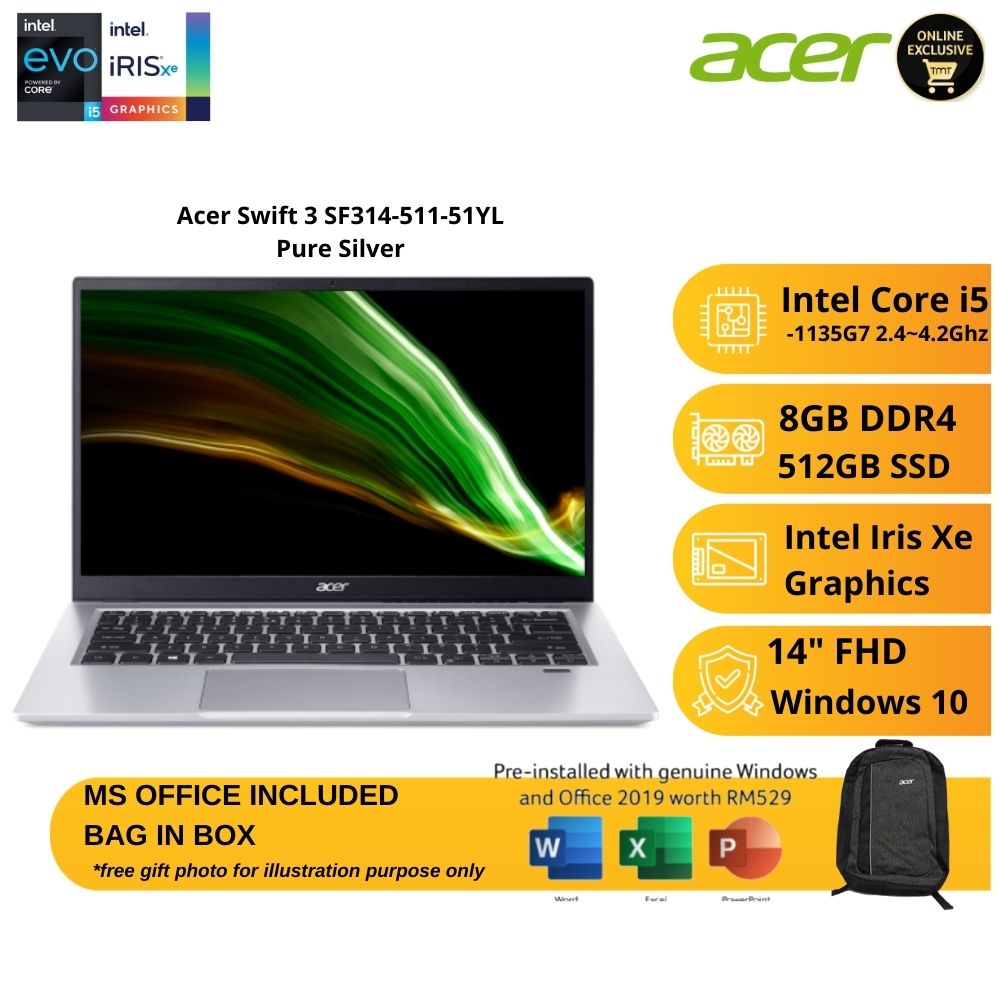 Acer Swift 3 SF314-511-51YL Pure Silver Laptop | i5-1135G7 | 8GB RAM 512GB SSD | 14