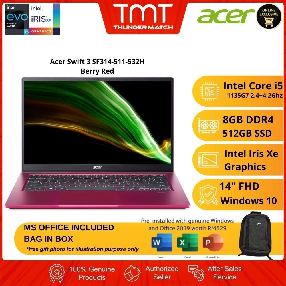 Acer Swift 3 SF314-511-532H Berry Red Laptop | i5-1135G7 | 8GB RAM 512GB SSD | 14