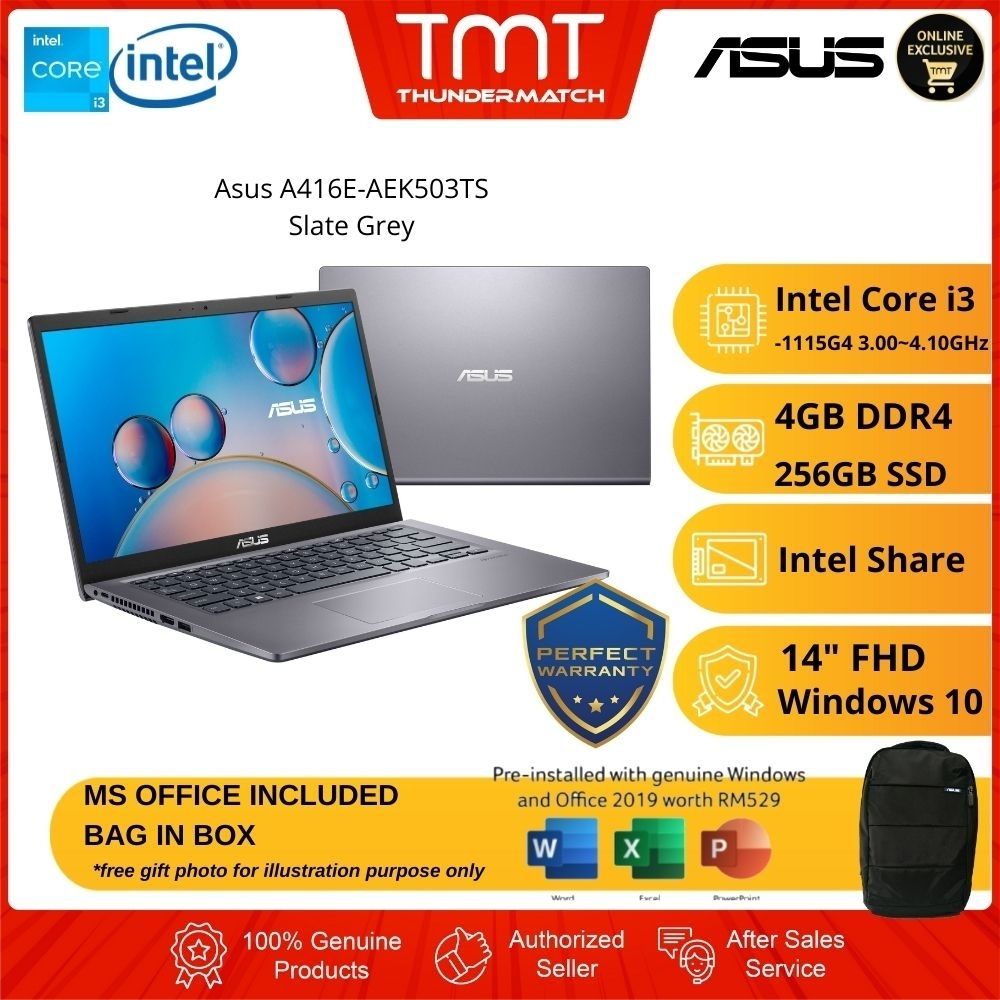Asus A416E-AEK503TS Slate Grey Laptop | i3-1115G4 | 4GB RAM 256GB SSD | 14