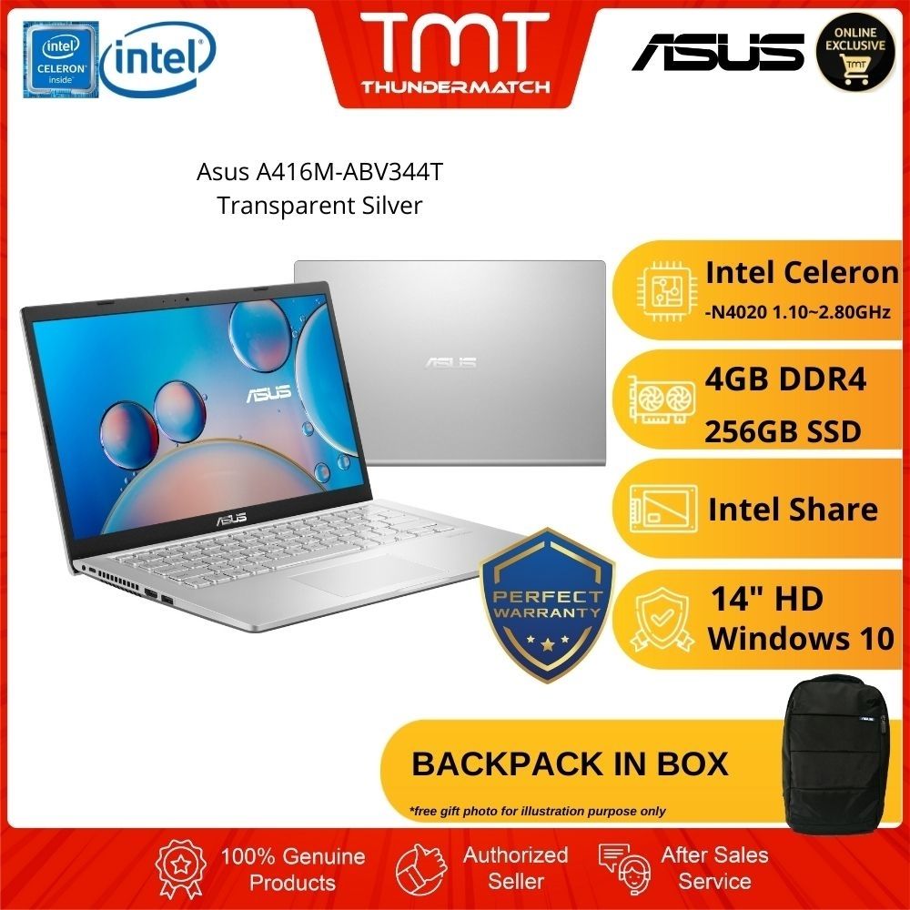 Asus A416M-ABV344T Silver Laptop | Intel Celeron N4020 | 4GB RAM 256GB SSD | 14" HD | W10 | BAG | 2 Years Warranty