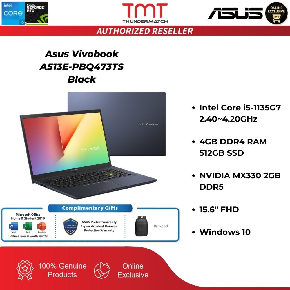 Asus Vivobook A513E-PBQ473TS Black Laptop | i5-1135G7 | 4GB RAM 512GB SSD | 15.6