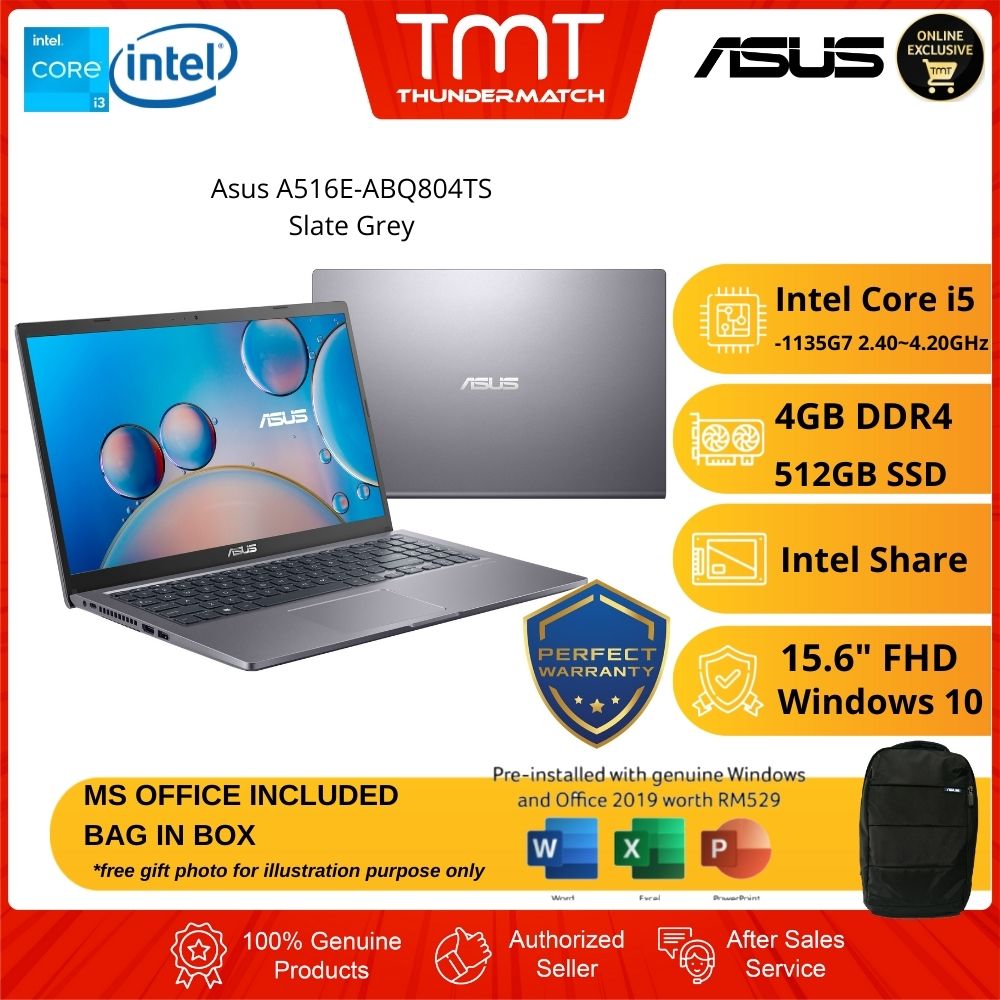 Asus A516E-ABQ804TS Slate Grey Laptop | i5-1135G7 | 4GB RAM 512GB SSD | 15.6"FHD | W10 | 2 Yrs Wrrnty | MS OFFICE + BAG