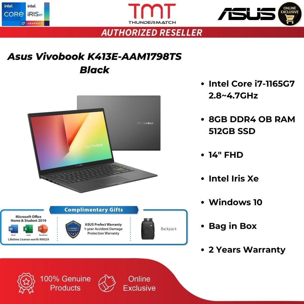 ASUS VivoBook K413E-AAM1798TS Laptop | i7-1165G7 | 8GB RAM 512GB SSD | 14' FHD | Intel Iris XE | W10 | MS OFFICE + BAG