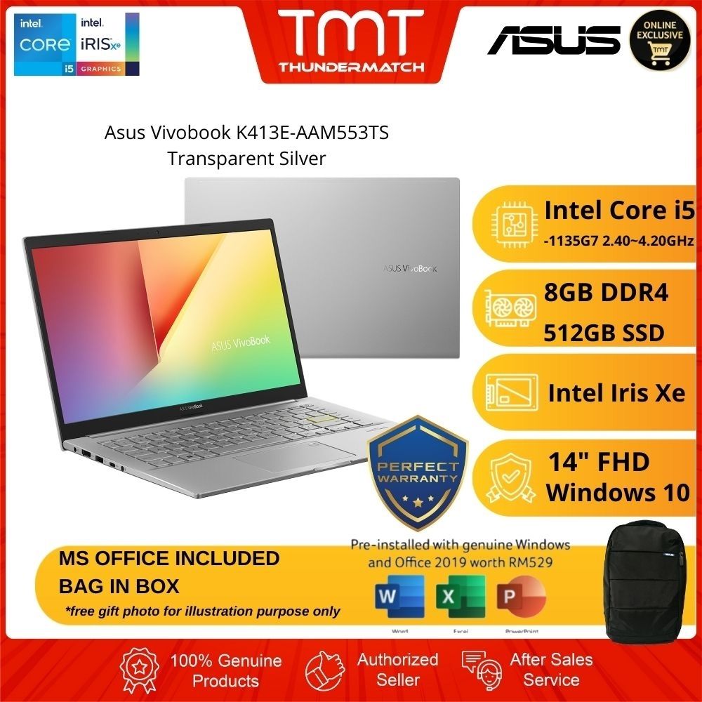 Asus Vivobook K413E-AAM553TS Transparent Silver Laptop | i5-1135G7 | 8GB RAM 512GB SSD | 14" FHD | W10 | MS OFFICE + BAG