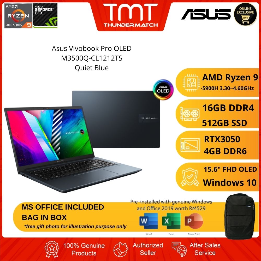 Asus Vivobook Pro OLED M3500Q-CL1212TS Quiet Blue Laptop | AMD Ryzen 9-5900H | 16GB RAM 512GB SSD | 15.6