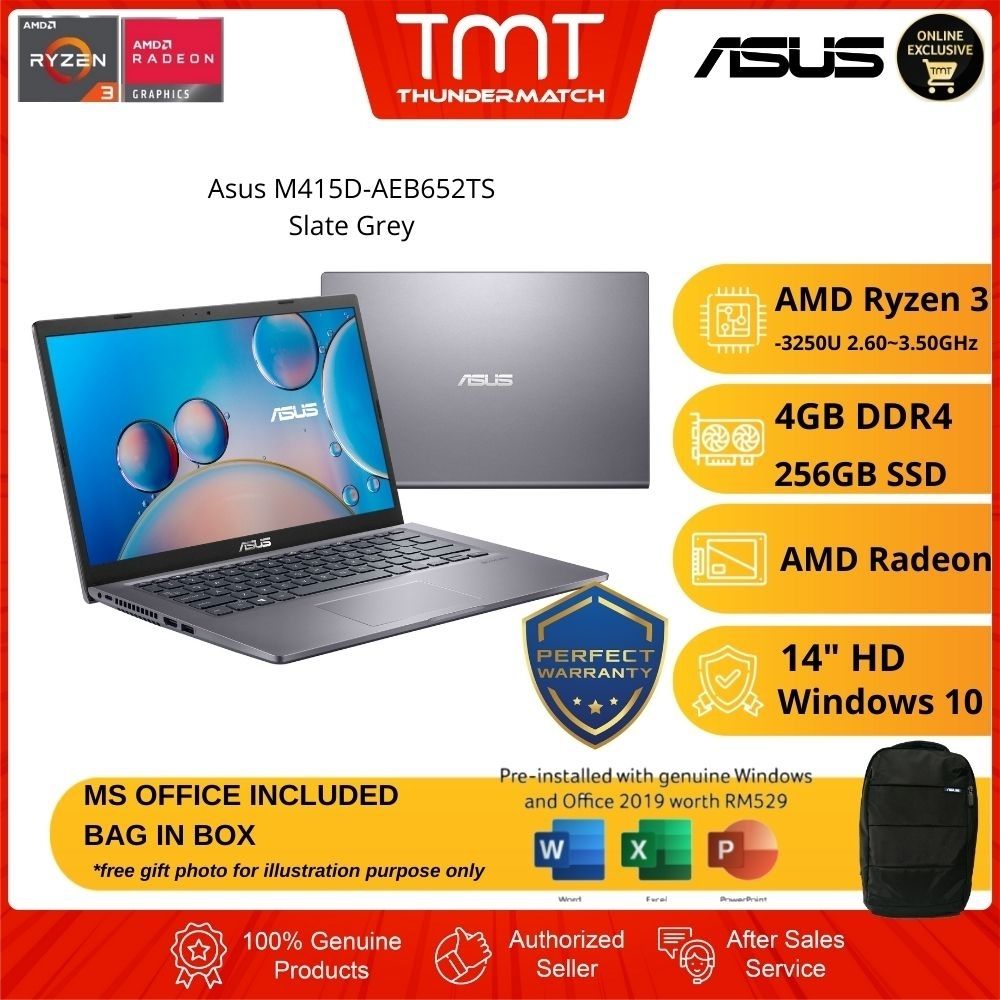 Asus M415D-AEB652TS Slate Grey Laptop | AMD Ryzen 3-3250U | 4GB RAM 256GB SSD | 14