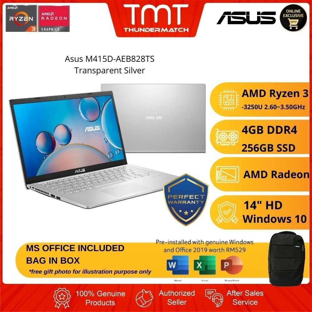 Asus M415D-AEB828TS Transparent Silver Laptop | AMD Ryzen 3-3250U | 4GB RAM 256GB SSD | 14" HD | W10 | MS OFFICE + BAG