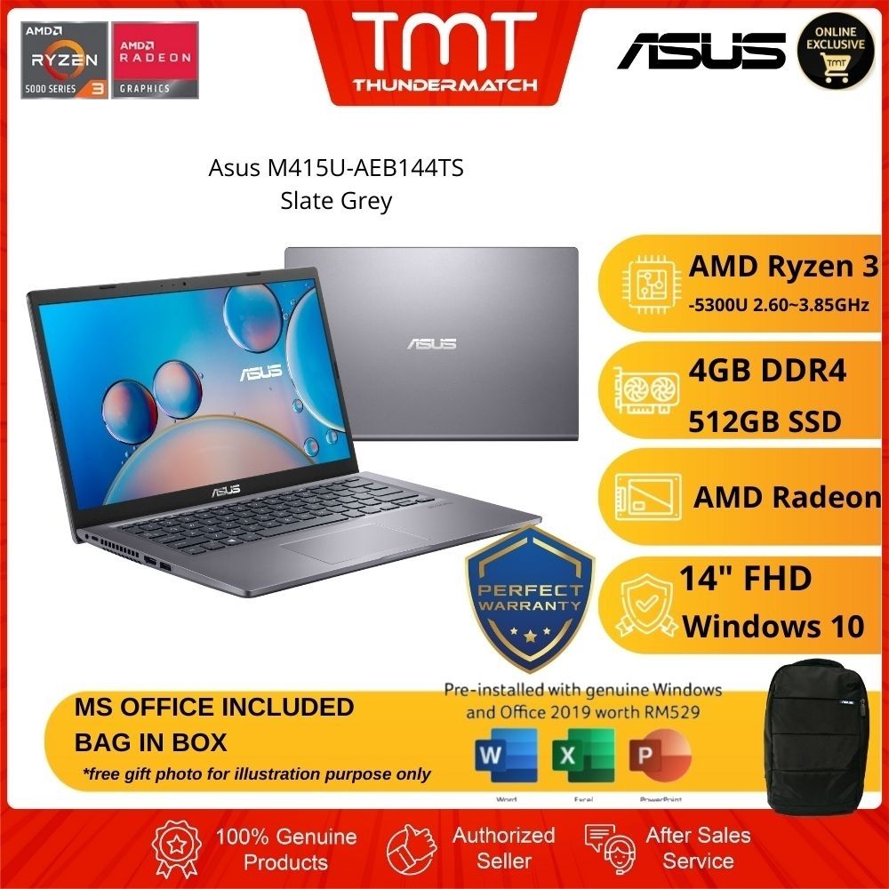 Asus M415U-AEB144TS Slate Grey Laptop | AMD Ryzen 3-5300U | 4GB RAM 512GB SSD | 14