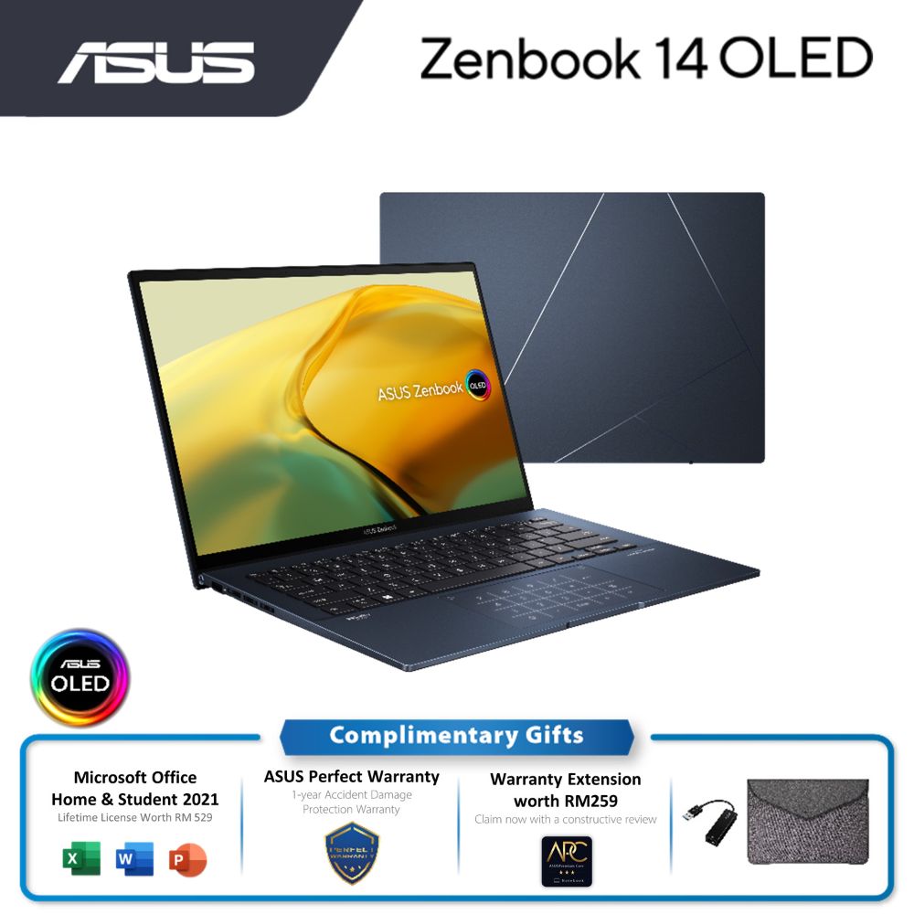 Asus ZenBook 14 OLED UX3402Z-AKM207WS Laptop | i5-1240P | 16GB RAM 512GB SSD | 14" | W11 | MS Office+Sleeve+USB