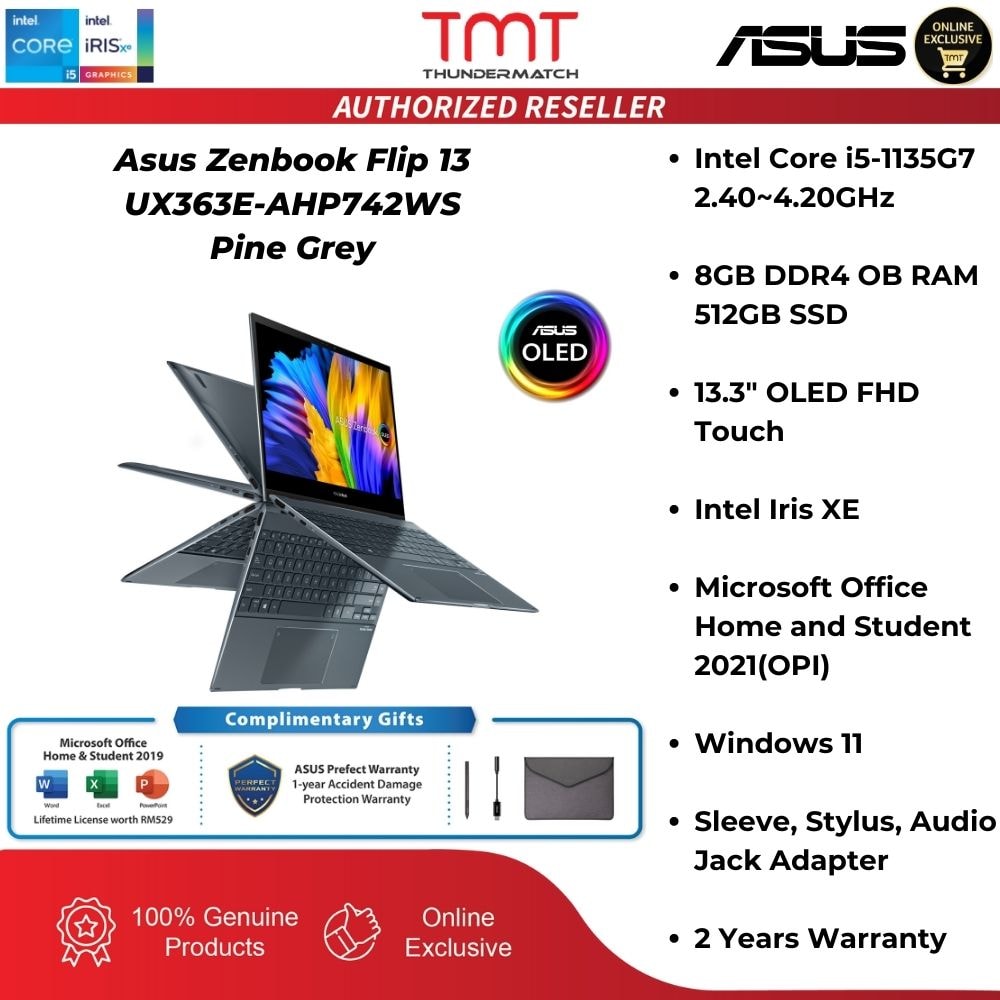 Asus Zenbook Flip 13 UX363E-AHP742WS Laptop | i5-1135G7 | 8GB RAM 512GB SSD | 13.3" OLED FHD Touch | W11 | MS OFFICE+Sleeve,Stylus,Audio Adapter