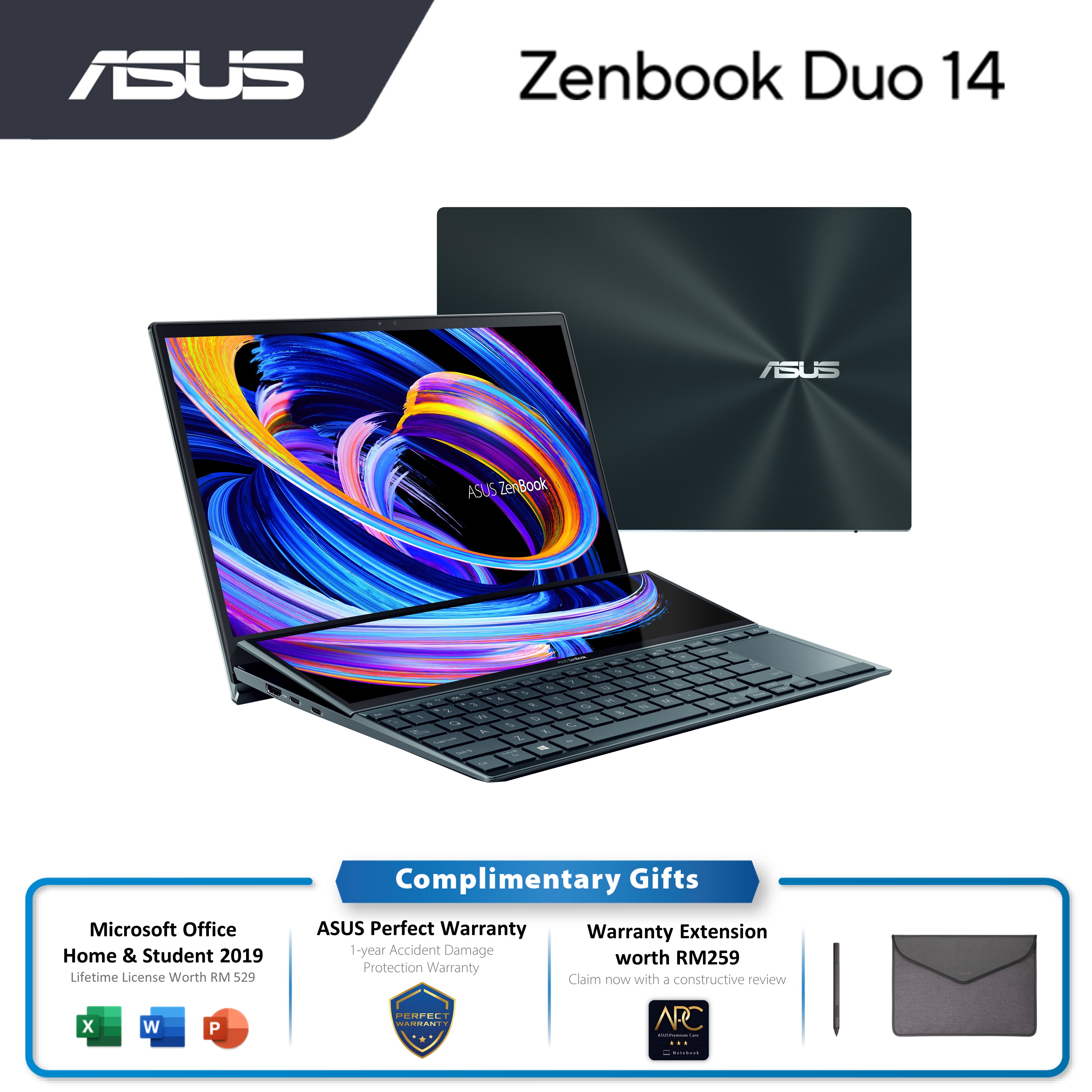 Asus ZenBook Duo UX482E-GHY411WS 2 in1 Laptop Celestial Blue | i7-1165G7 | 16GB RAM 512GB SSD | 14.0"FHD Touch | MX450 | MS Office H&S 2021+Win11 | 2Y Warranty