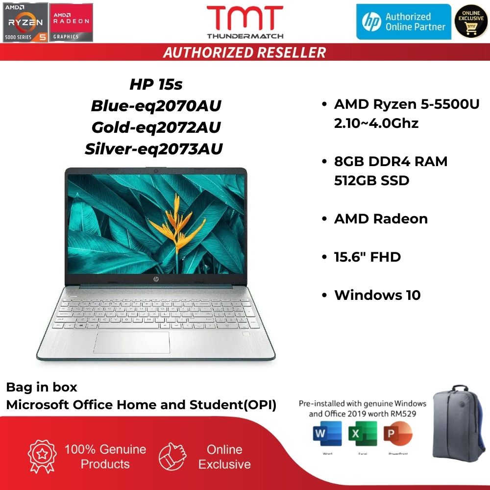 HP 15s-eq2070AU Blue/Gold-eq2072AU/Silver-eq2073AU Laptop | Ryzen 5500U | 8GB RAM 512GB SSD | 15.6 FHD | W10 | MS OFFICE+BAG