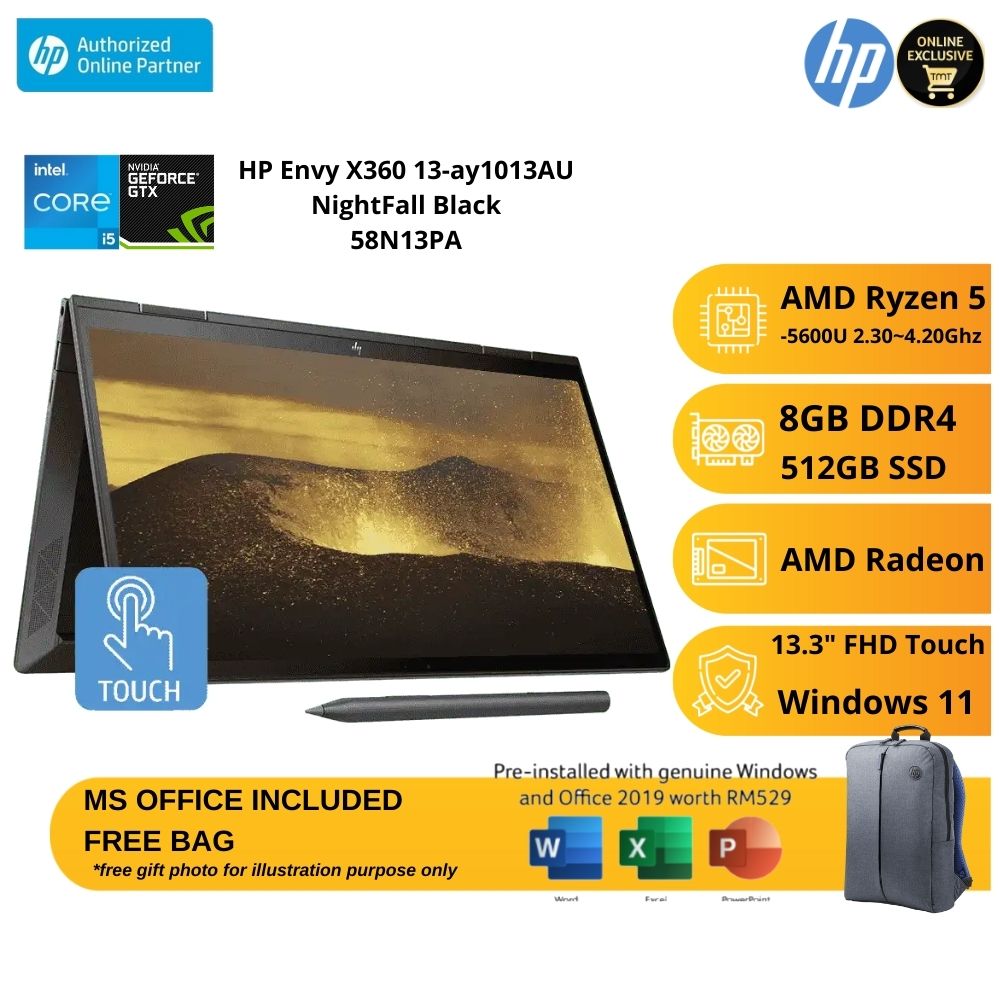 HP Envy X360 13-ay1013AU 58N13PA Laptop | AMD Ryzen 5-5600U | 8GB RAM 512GB SSD | 13.3" FHD Touch Pen | W11 | MS OFFICE+BAG