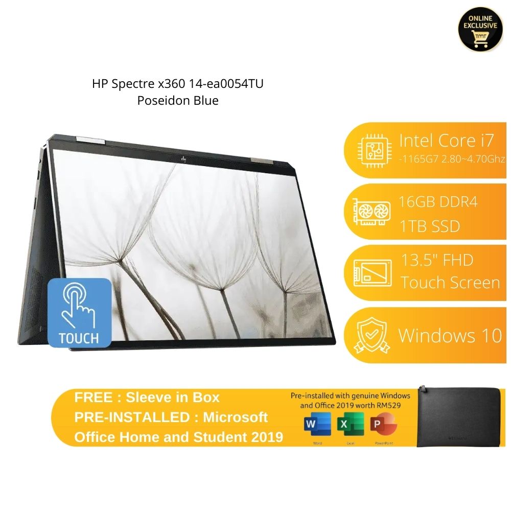 HP Spectre x360 14-ea0054TU Laptop | i7-1165G7 | 16GB(OB) 1TB SSD | 13.5"FHD Touch | Free Microsoft Office and Sleeve