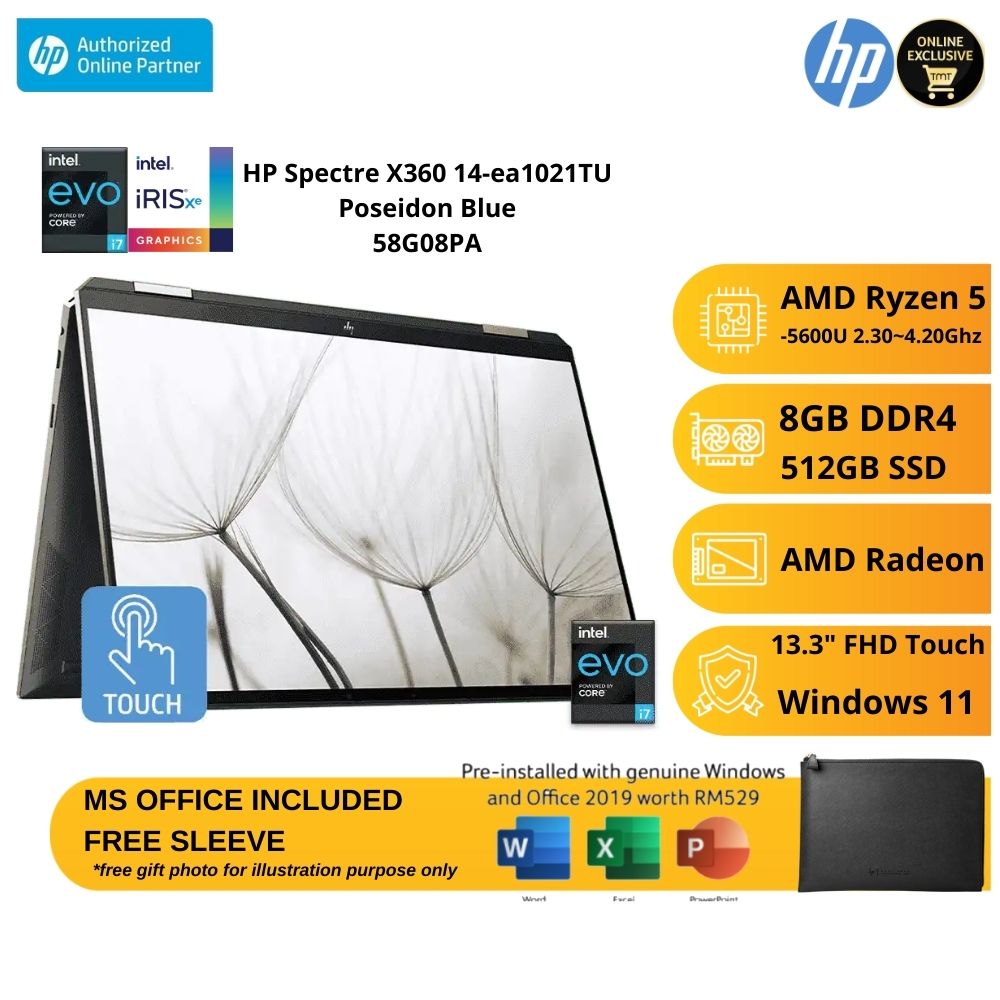 HP Spectre X360 14-ea1021TU 58G08PA Laptop | i7-1195G7 | 16GB RAM 1TB SSD | 13.5" 3K2K OLED Touch | W11 | MS OFFICE+SLEEVE