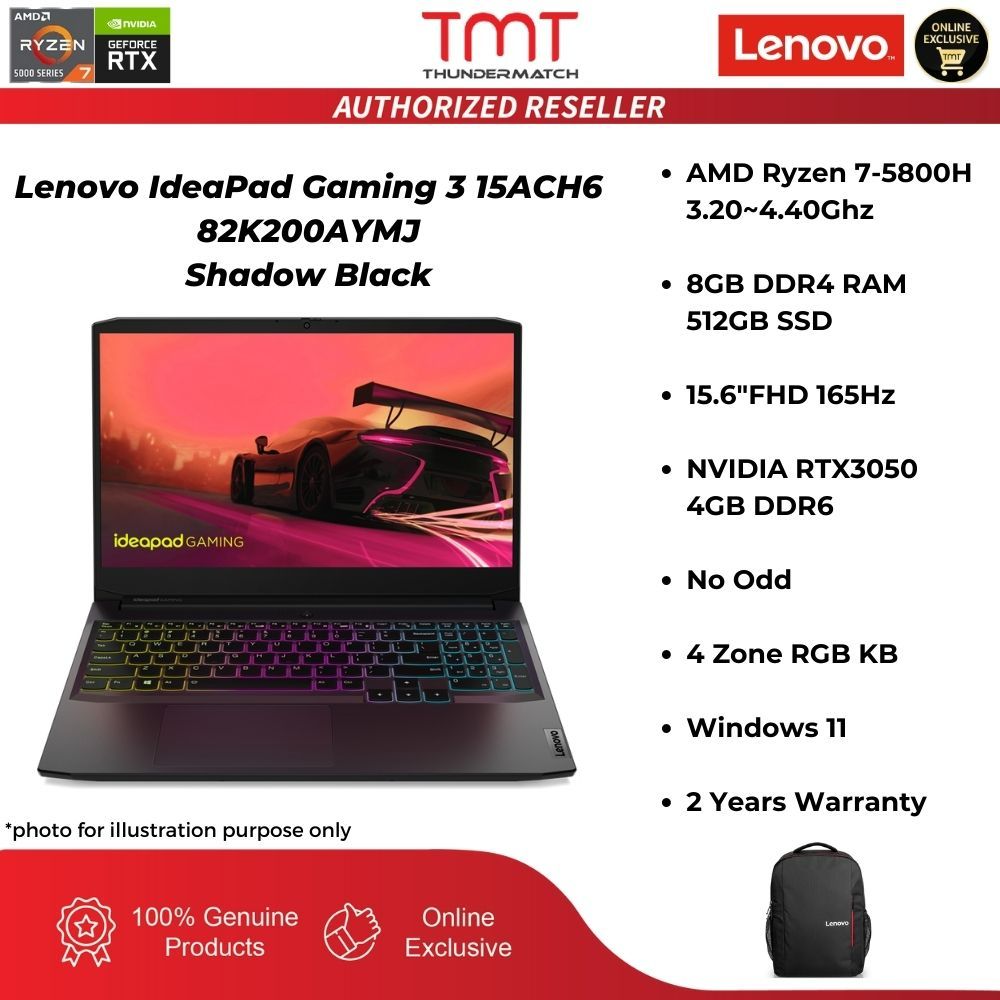 Lenovo IdeaPad Gaming 3 15ACH6 82K200AYMJ Laptop | R7-5800H | 8GB RAM 512GB SSD | 15.6" FHD | RTX3050 | RGB | W11 | BAG