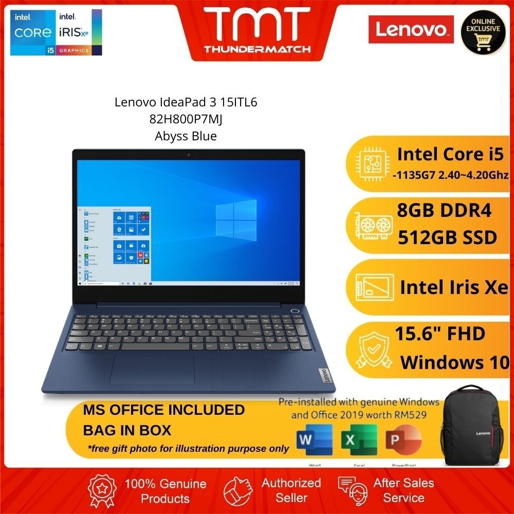 Lenovo IdeaPad 3 15ITL6 82H800P7MJ Abyss Blue Laptop | i5-1135G7 | 8GB RAM 512GB SSD | 15.6" FHD | W10 | MS OFFICE + BAG