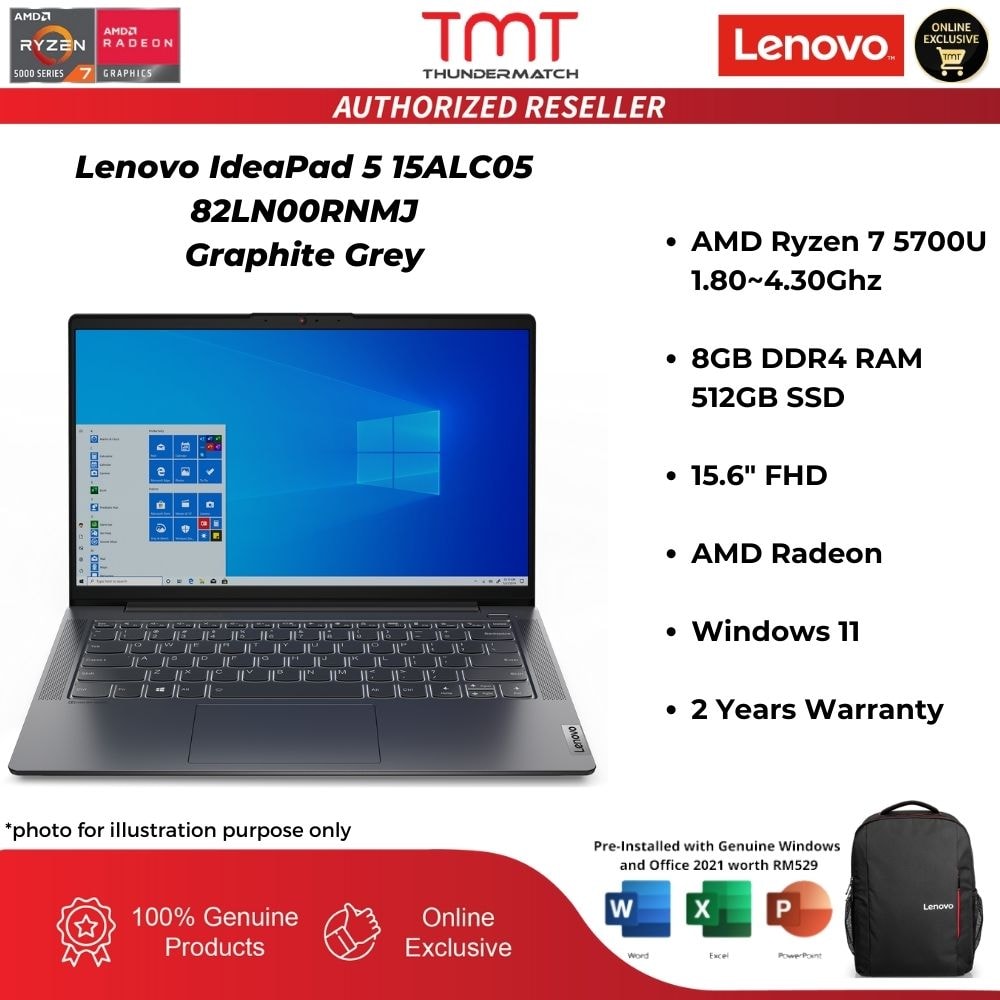 Lenovo IdeaPad 5 15ALC05 82LN00RNMJ / 82LN00RPMJ Laptop | AMD R7 5700U | 8GB RAM 512GB SSD | 15.6" FHD | W11 | MS OFFICE