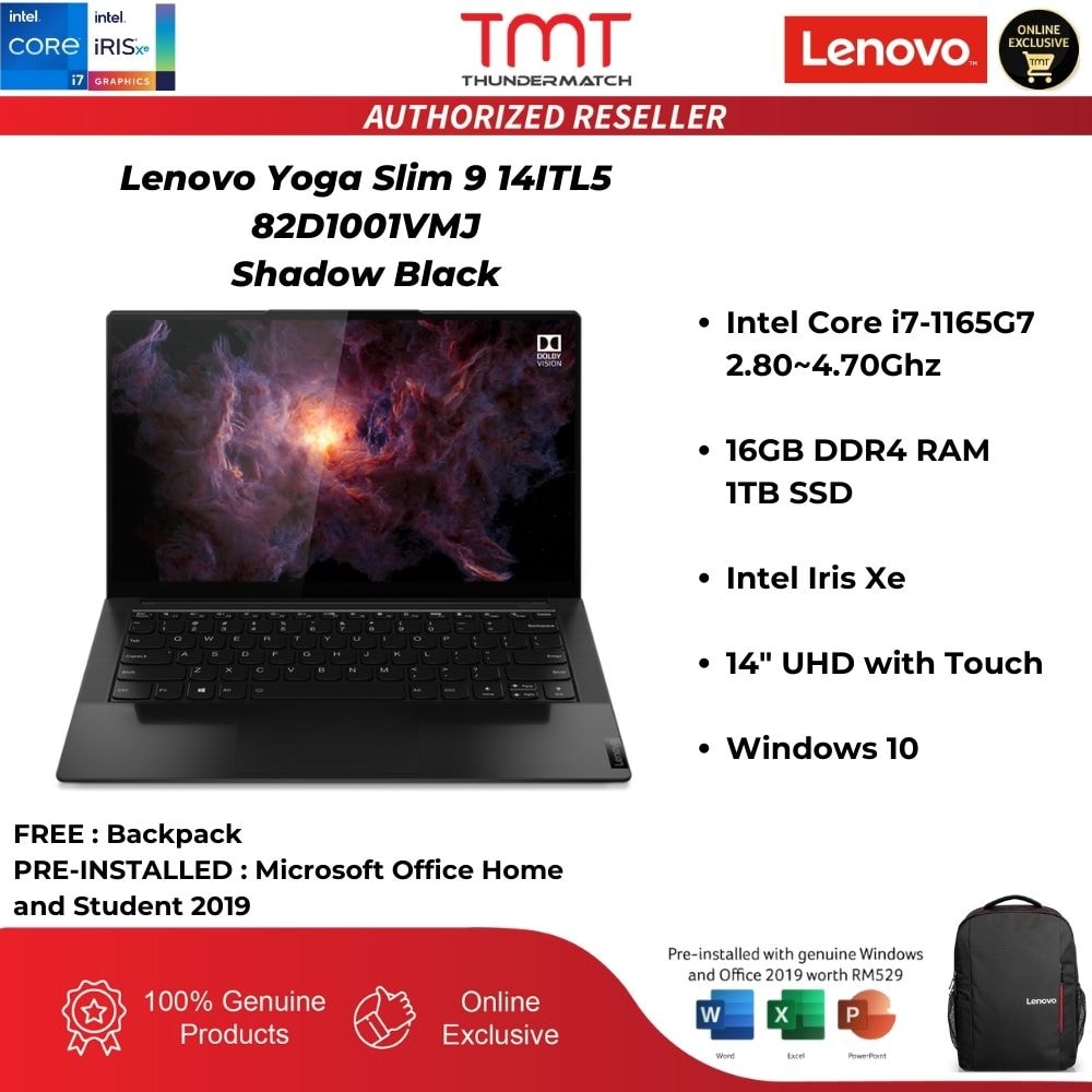 Lenovo Yoga Slim 9 14ITL5 82D1001VMJ Black Laptop | i7-1165G7 | 16GB RAM 1TB SSD | 14" UHD Touch | W10 | MS OFFICE+BAG