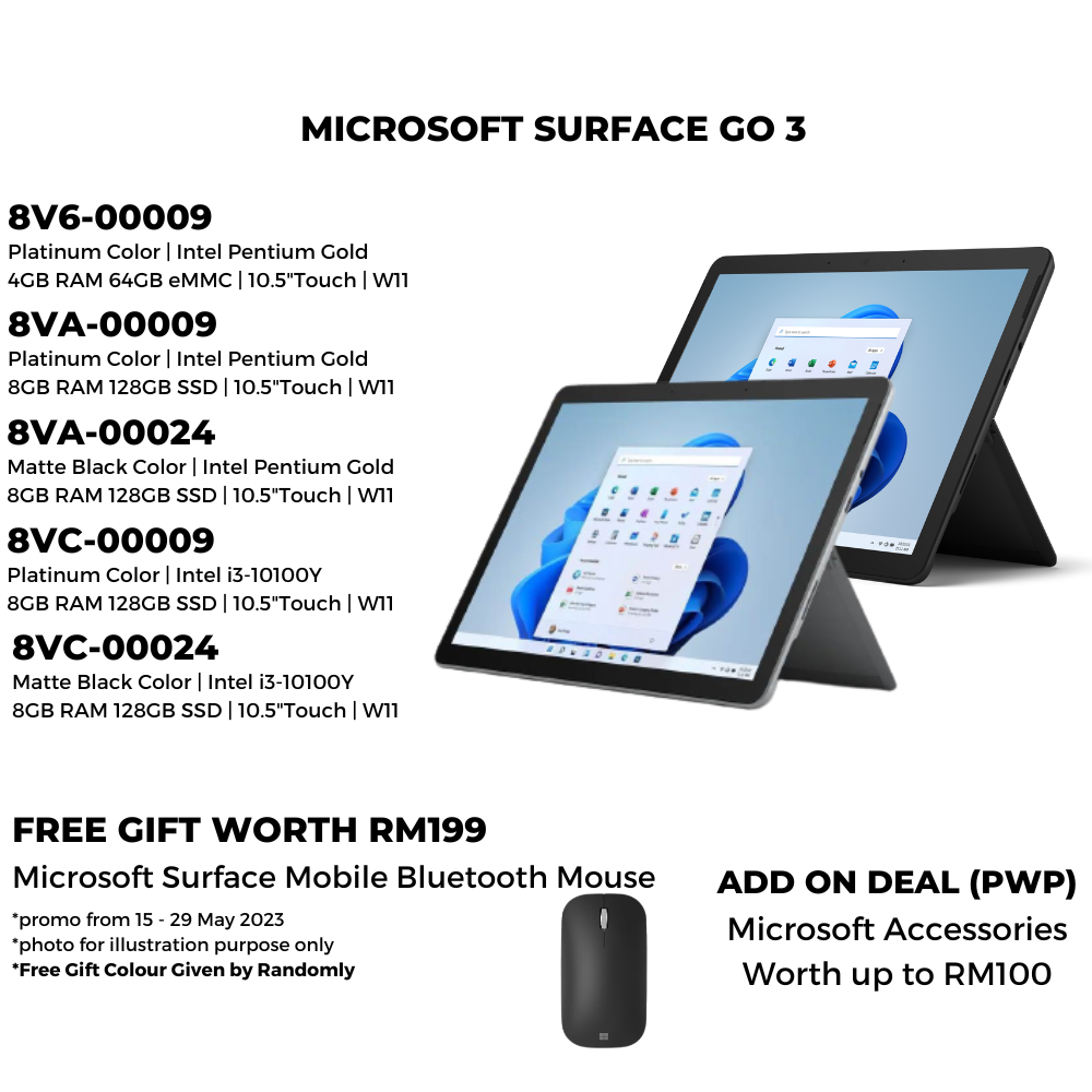 Microsoft Surface GO 3 Platinum / Black | 1 Year Warranty + Free Mobile Bluetooth Mouse worth RM199