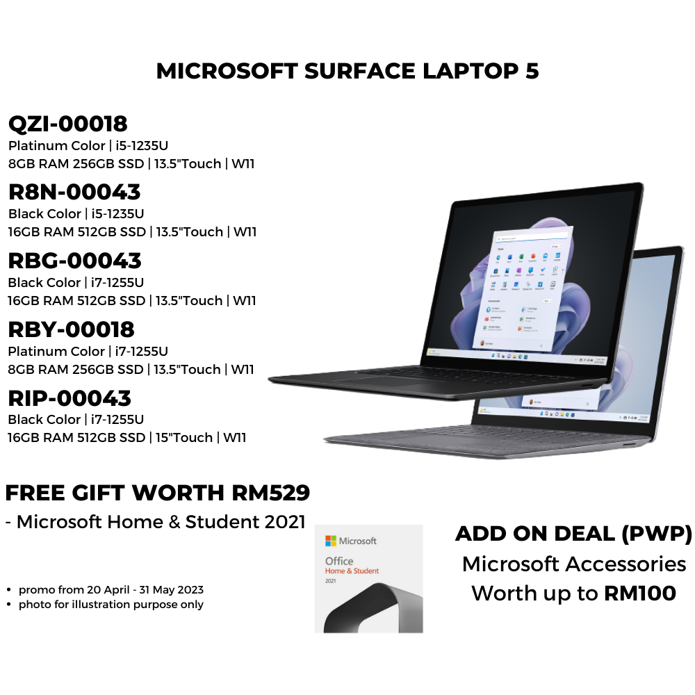 Microsoft Surface Laptop 5 ( Platinum / Black ) 13.5" / 15" Touch + Free Microsoft Office Home & Student 2021 Worth RM529