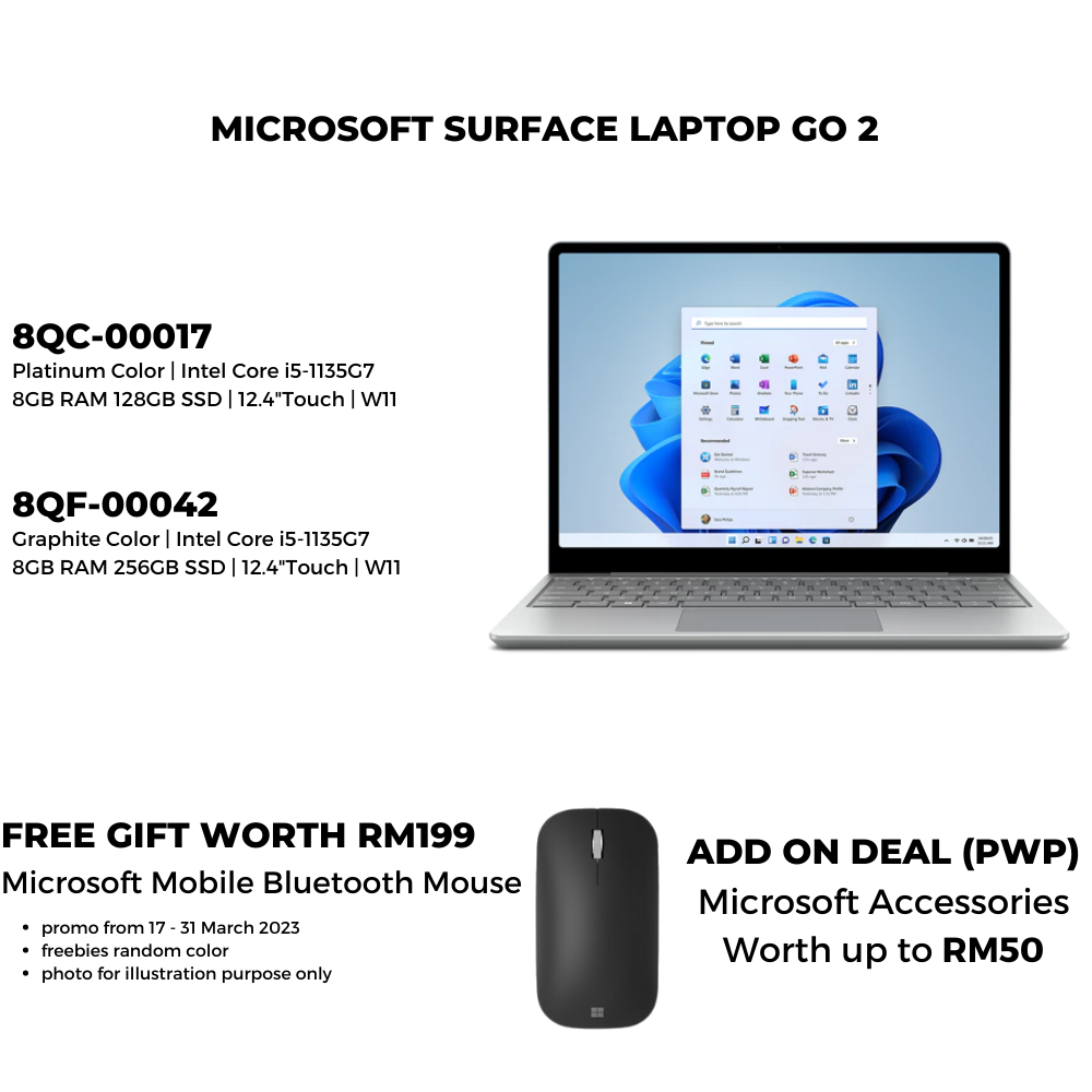 Microsoft Surface Laptop GO 2 + Mobile Bluetooth Mouse Worth RM199