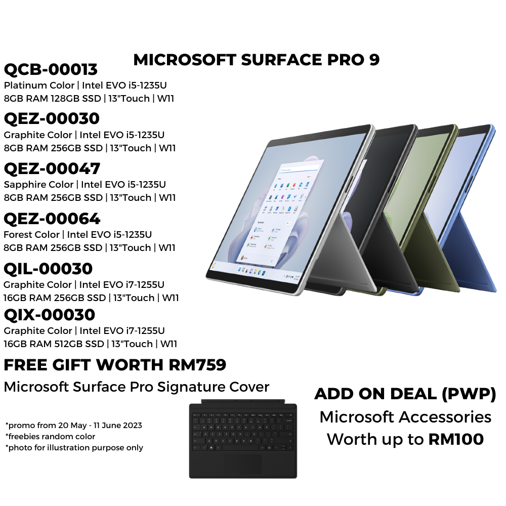 Microsoft Surface Pro 9 ( Platinum / Graphite / Sapphire / Forest ) 13" Touch + Signature Cover Worth RM759