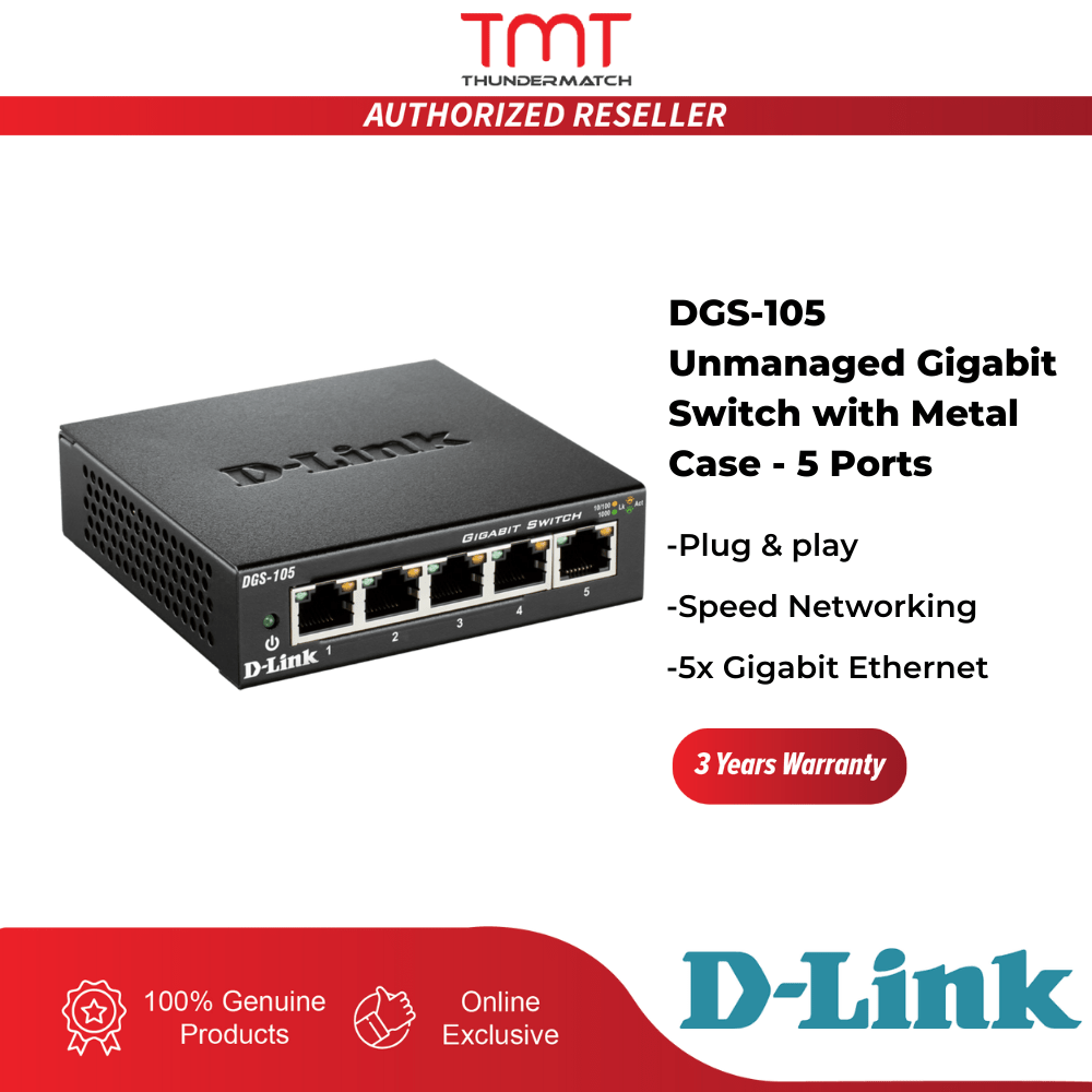 D-Link DGS-105 Unmanaged Gigabit Switch with Metal Case - 5 Ports/10 to 100 to 1000Mbps (3 Years Warranty)