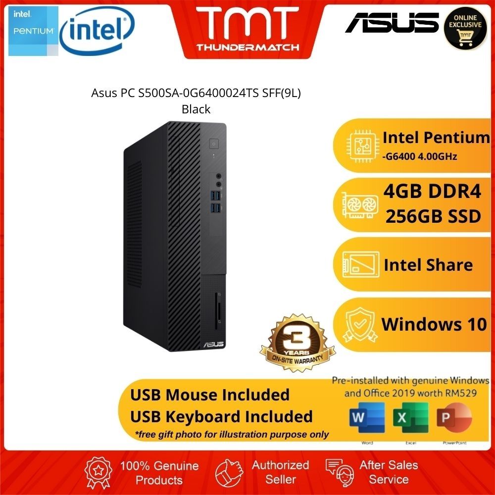Asus PC S500SA-0G6400024TS SFF (9L) Desktop | Intel Pentium G6400 | 4GB RAM 256GB SSD | DVDRW | W10 | MS OFFICE+KBD+MSE