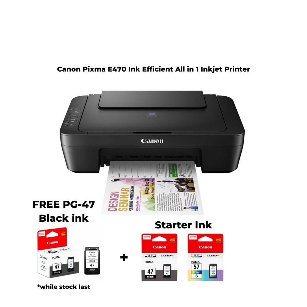Canon Pixma E470 Ink Efficient All in 1 Inkjet Printer + FREE PG-47 Black Ink