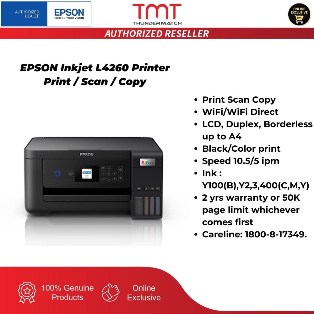 EPSON Inkjet Printer L4260 | Print,Scan,Copy | WiFi/WiFi Direct | LCD,Duplex | Y100-B,Y200,300,400-C | 2 Years Warranty