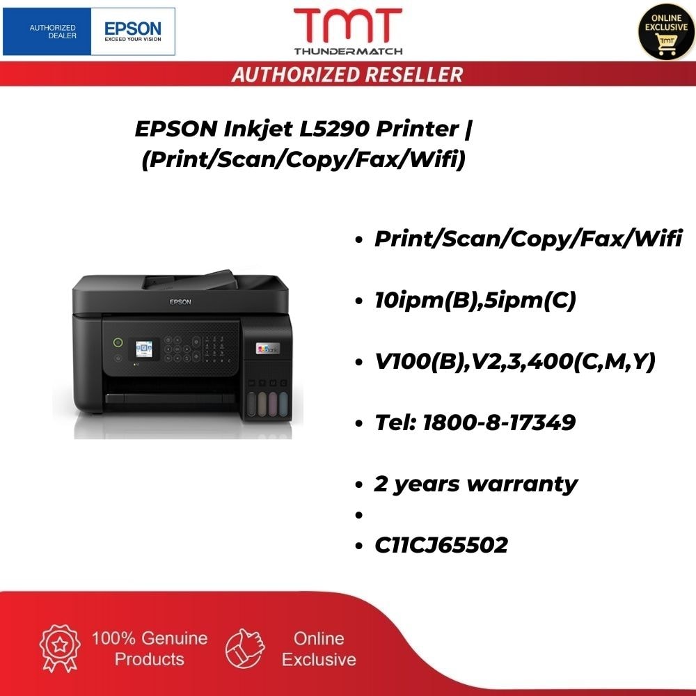 EPSON Inkjet L5290 Printer | (Print/Scan/Copy/Fax/Wifi) | 10ipm(B),5ipm(C) V100(B),V2,3,400(C,M,Y) | 2Years Warranty