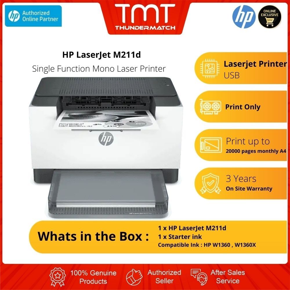 HP LaserJet M211d Single Function Mono Laser Printer | Print | 29ppm/600x600dpi/Duplex | Ink:W1360,W1360X (9YF82A)