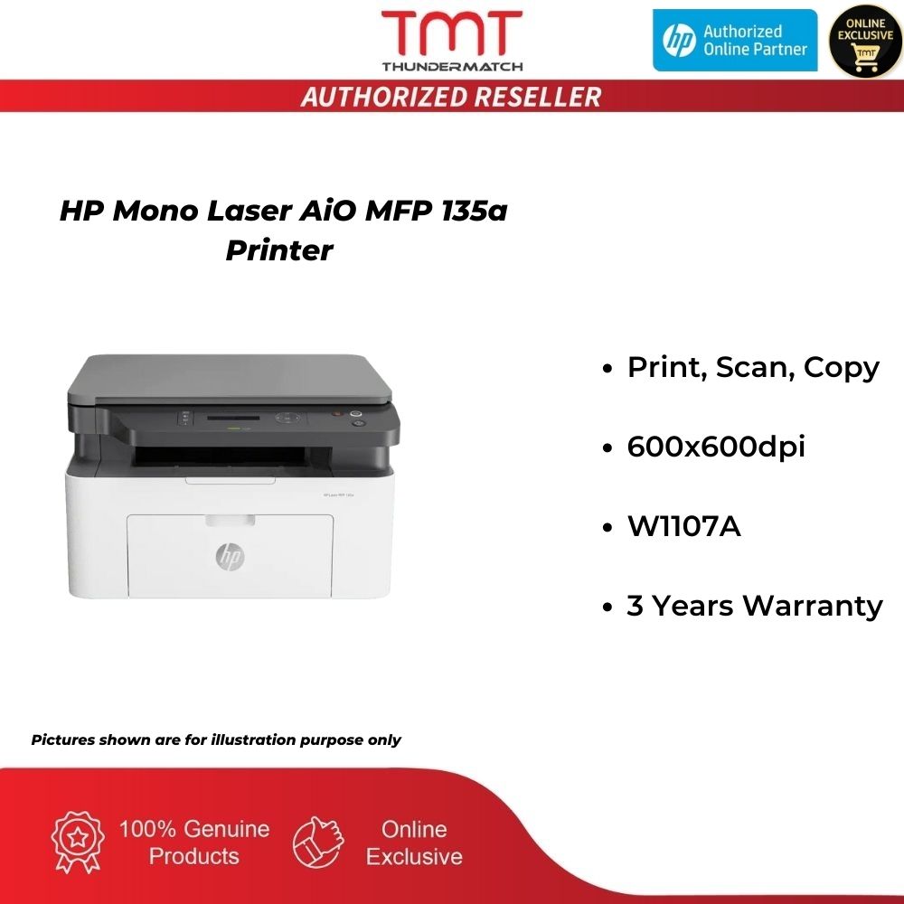 HP Mono Laser AiO MFP 135a Printer | Print, Scan, Copy | 600x600dpi | W1107A | 3 Years Warranty