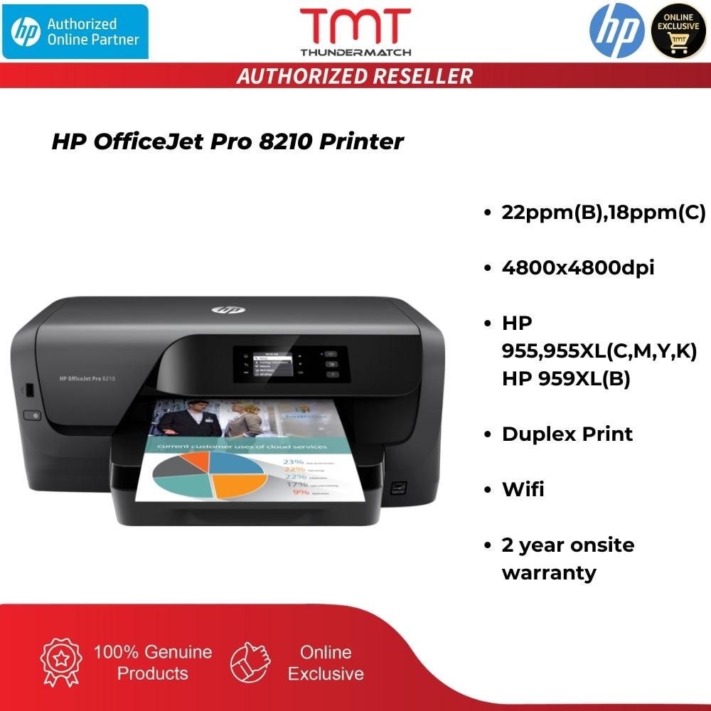 HP OfficeJet Pro 8210 Printer | 22ppm(B),18ppm(C) | 4800x4800dpi | HP 955,955XL(C,M,Y,K)/HP 959XL(B) | Duplex Print | Wifi | 2 year onsite warranty